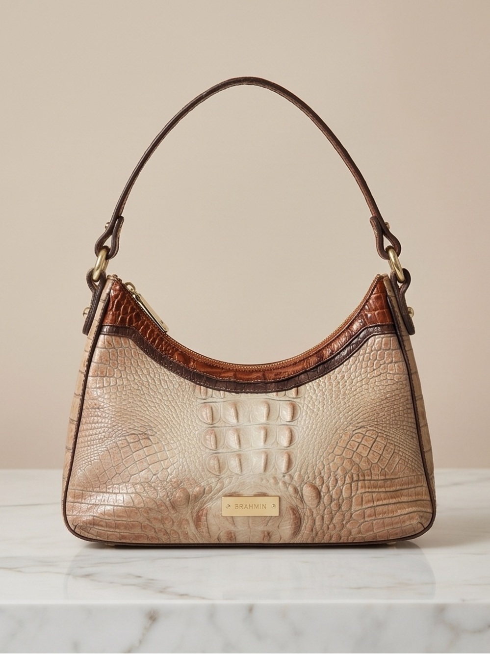 Brahmin Two-Tone Croc-Embossed Shoulder Bag in Beige and Brown gold highlights